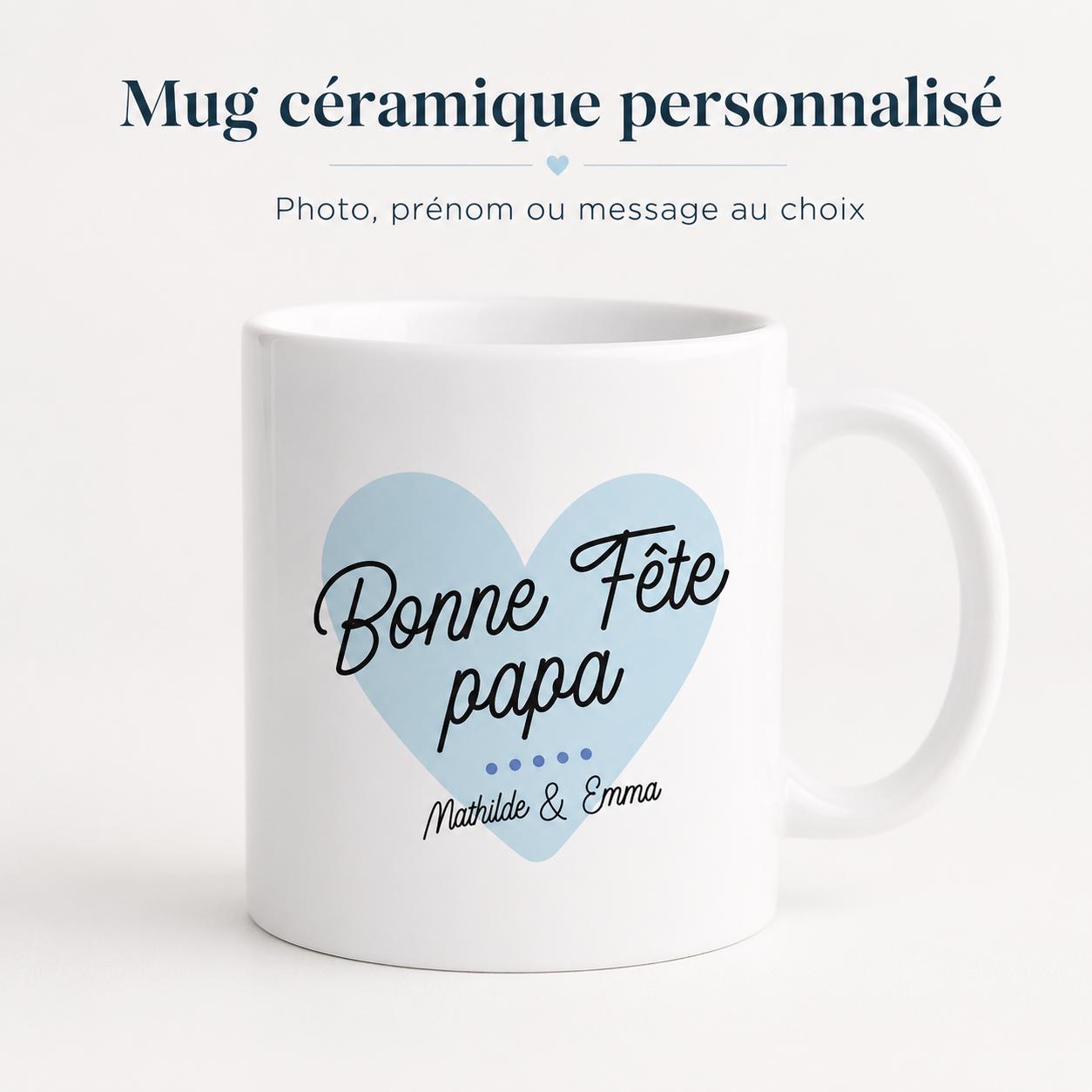 Mug papa personnalisé en céramique blanche avec prénoms, cadeau Fête des Pères tendre et original