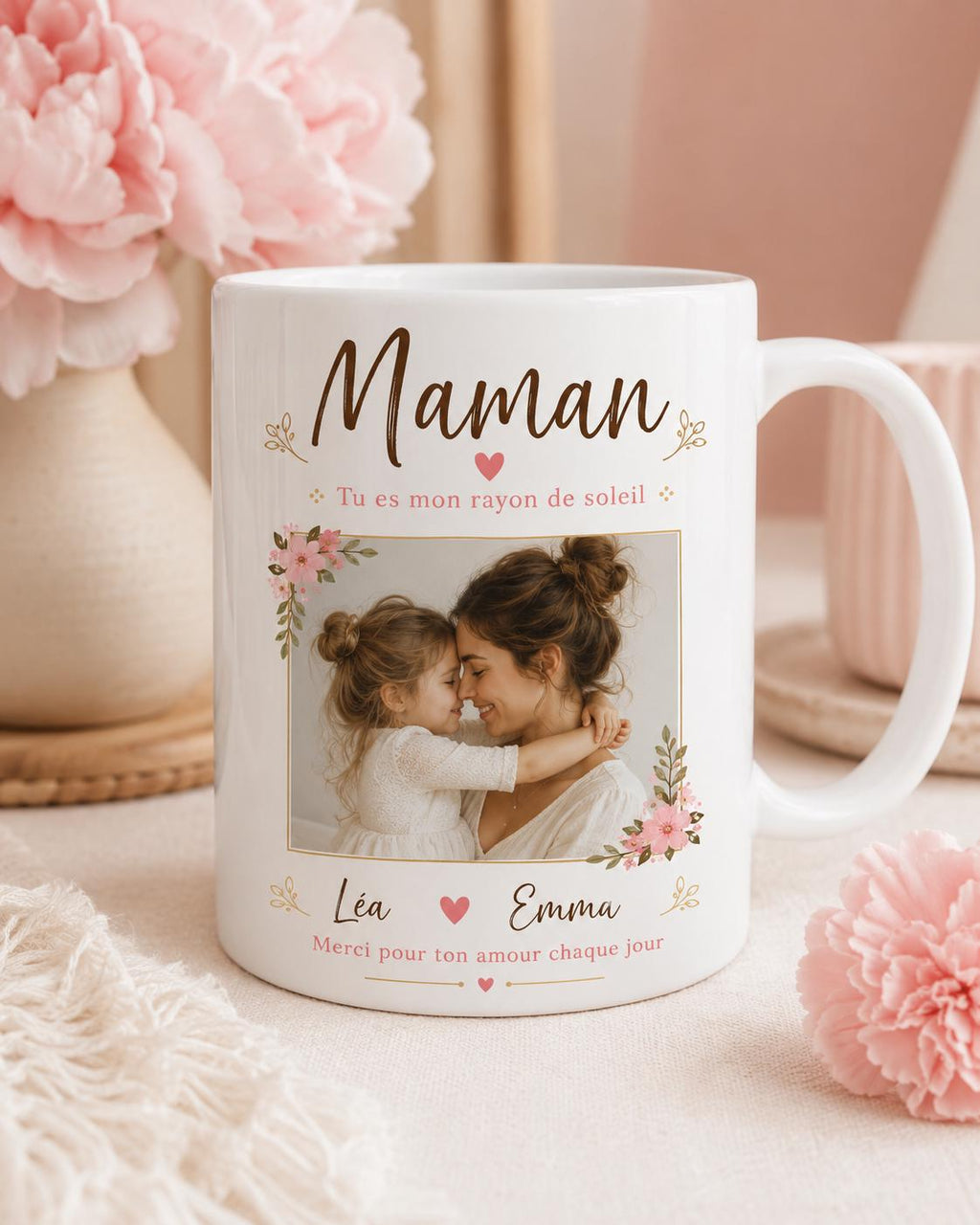 Mug personnalisé Fête des Mères en céramique blanche avec photo, prénom et texte