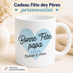Mug Fête des Pères personnalisé avec cœur bleu, message Bonne Fête papa et prénoms des enfants, idée cadeau papa
