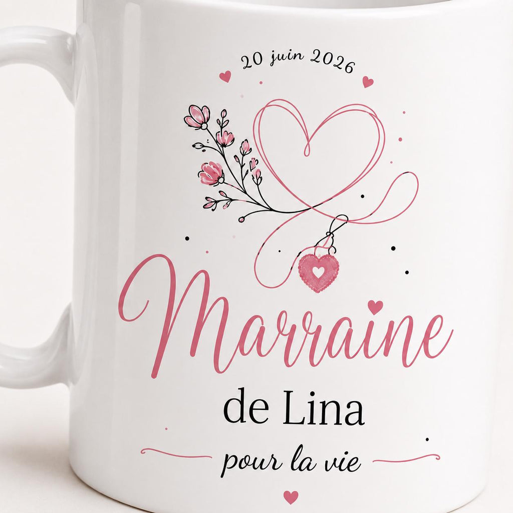 Tasse Marraine Personnalisée, Cadeau Marraine, Mug Marraine avec Prénom Date et Message, Tasse Céramique 325 ml, Idée Cadeau Baptême