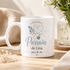 Tasse Parrain Personnalisée Prénom | Mug Parrain Personnalisé Bleu Floral | Cadeau Baptême Naissance Annonce Grossesse