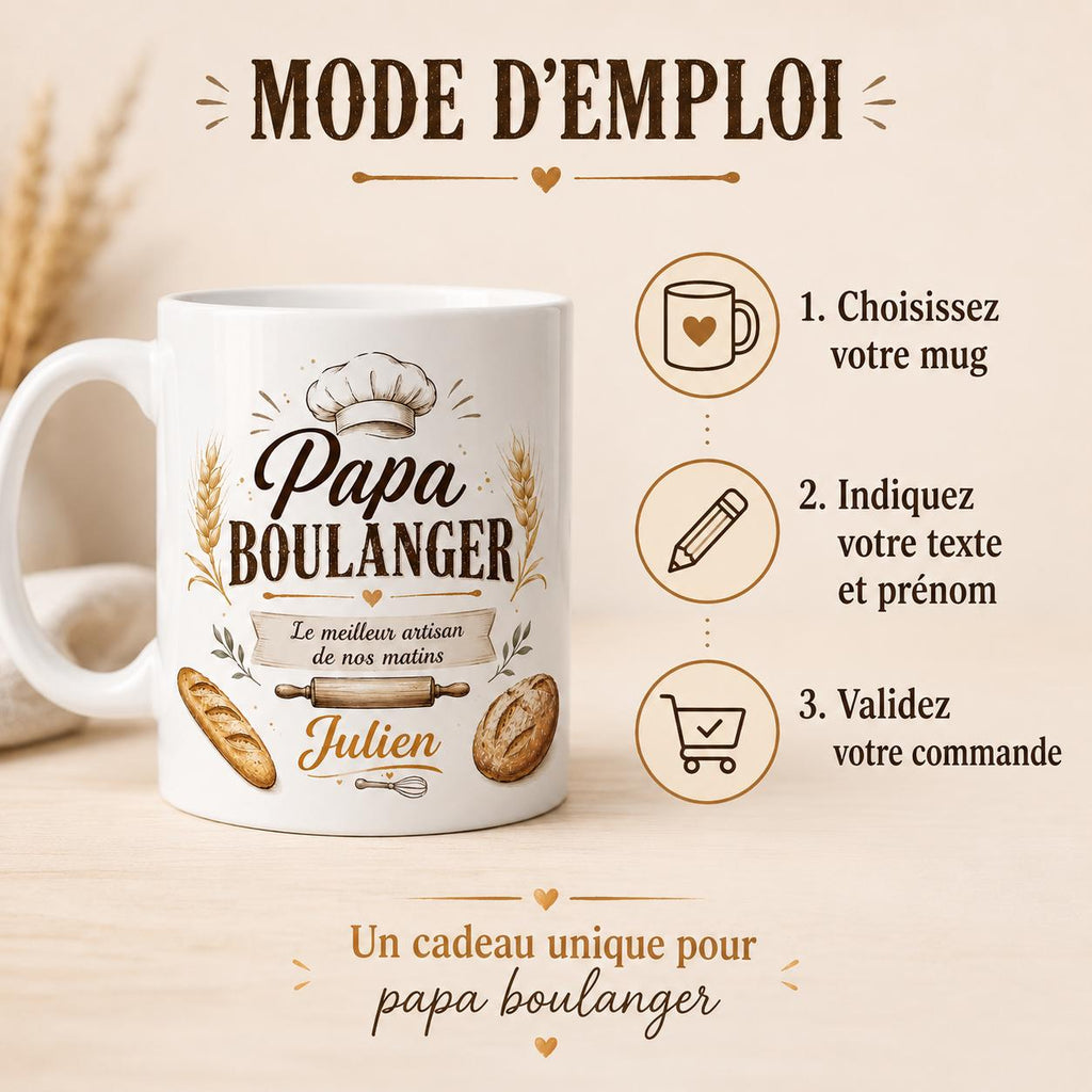 Mug Papa Boulanger Personnalisé Prénom | Tasse Céramique Cadeau Fête des Pères | Cadeau Papa Artisan Boulanger Fait Main France