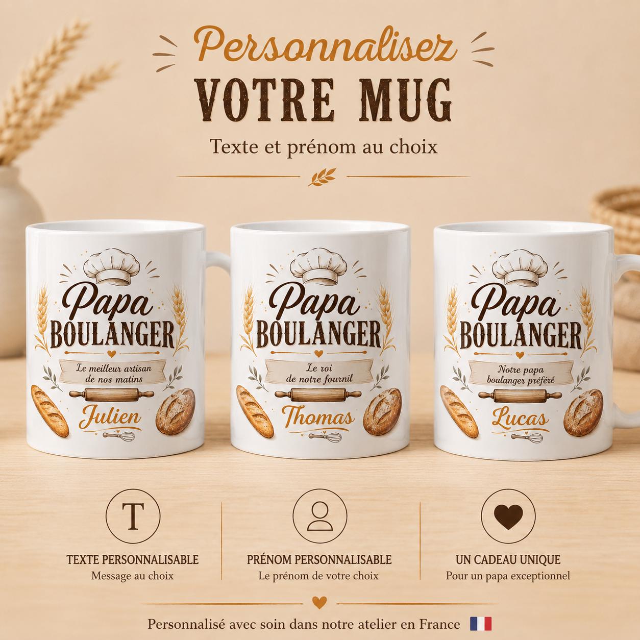 Mug Papa Boulanger Personnalisé Prénom | Tasse Céramique Cadeau Fête des Pères | Cadeau Papa Artisan Boulanger Fait Main France