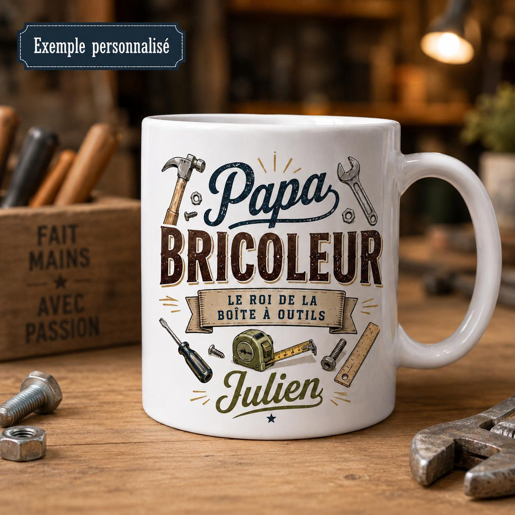 Mug Papa Bricoleur Personnalisé Texte Prénom | Tasse Cadeau Fête des Pères | Cadeau Papa Homme Outillage Bricolage 325 ml