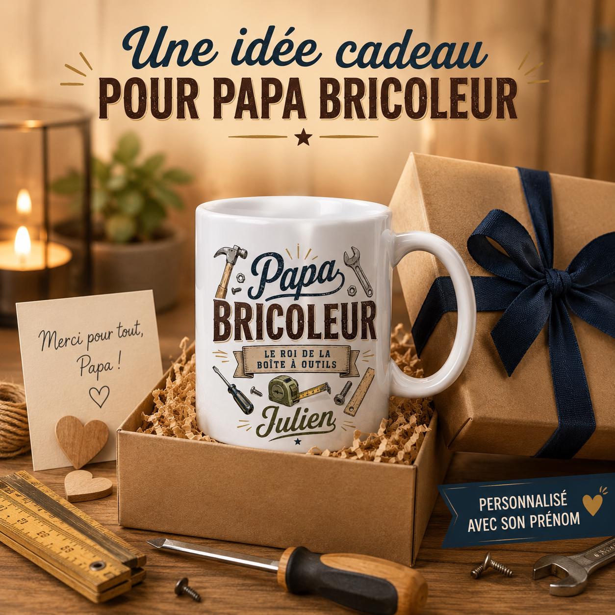 Mug Papa Bricoleur Personnalisé Texte Prénom | Tasse Cadeau Fête des Pères | Cadeau Papa Homme Outillage Bricolage 325 ml