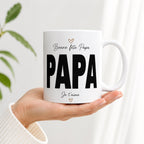 Visuel explicatif montrant les zones personnalisables du mug : photo, prénom et texte