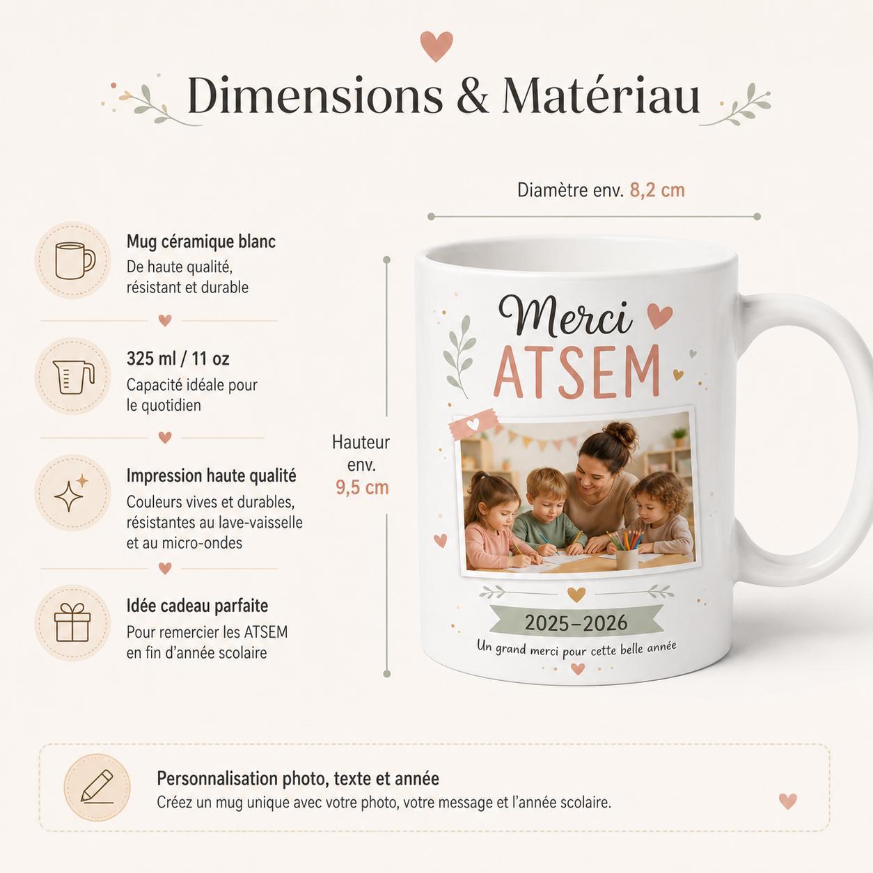 Mug céramique personnalisé ATSEM, dimensions et contenance 325 ml