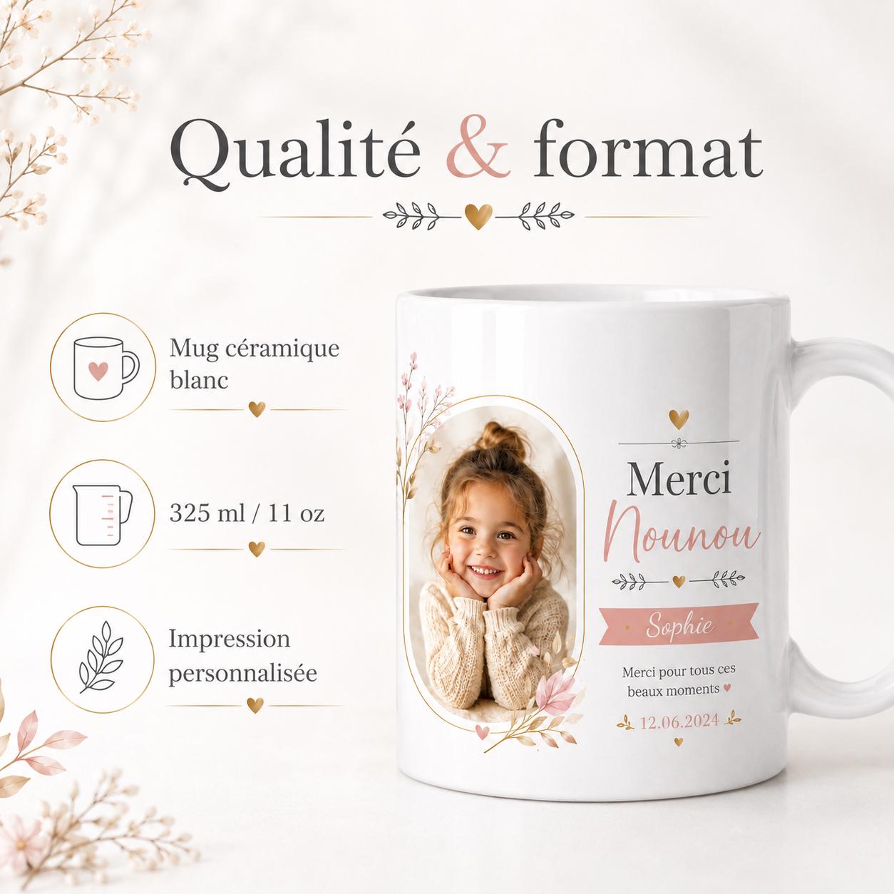 Cadeau fin de contrat nounou personnalisé avec photo, prénom, date et message souvenir sur mug en céramique
