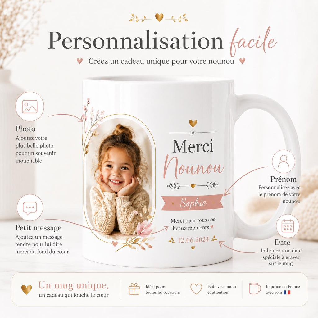Mug personnalisé avec photo d’enfant pour remercier une nounou avec un cadeau souvenir unique et touchant