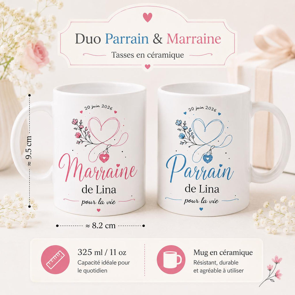 Lot 2 Mugs Parrain Marraine Personnalisés – Tasses Céramique Prénom Date, Cadeau Baptême, Annonce Parrain Marraine