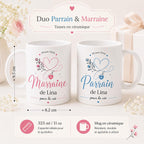 Lot 2 Mugs Parrain Marraine Personnalisés – Tasses Céramique Prénom Date, Cadeau Baptême, Annonce Parrain Marraine