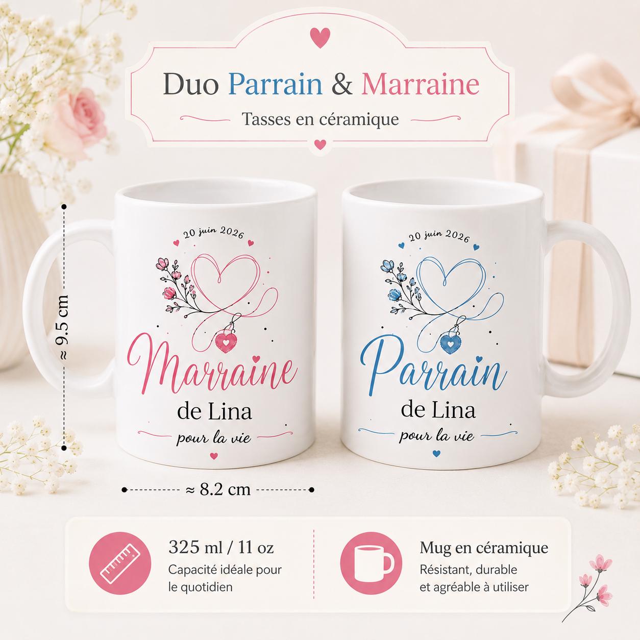 Lot 2 Mugs Parrain Marraine Personnalisés – Tasses Céramique Prénom Date, Cadeau Baptême, Annonce Parrain Marraine