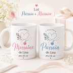 Lot 2 Mugs Parrain Marraine Personnalisés – Tasses Céramique Prénom Date, Cadeau Baptême, Annonce Parrain Marraine