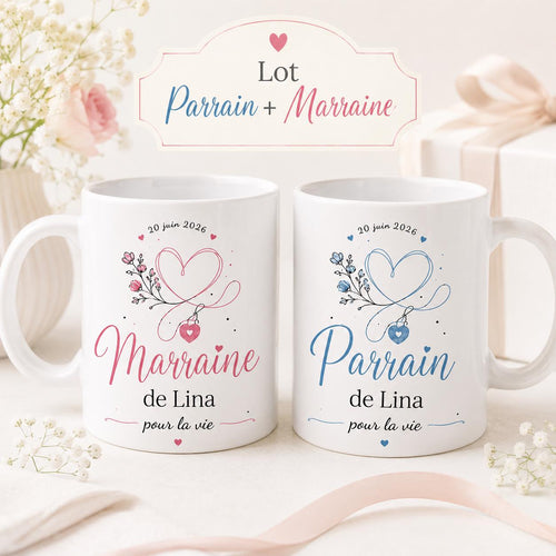 Lot 2 Mugs Parrain Marraine Personnalisés – Tasses Céramique Prénom Date, Cadeau Baptême, Annonce Parrain Marraine