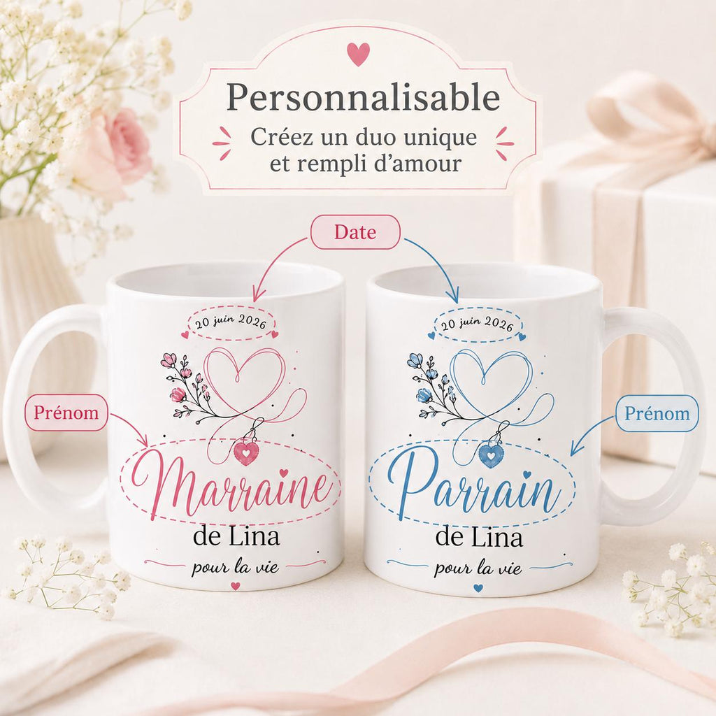 Lot 2 Mugs Parrain Marraine Personnalisés – Tasses Céramique Prénom Date, Cadeau Baptême, Annonce Parrain Marraine