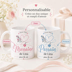 Lot 2 Mugs Parrain Marraine Personnalisés – Tasses Céramique Prénom Date, Cadeau Baptême, Annonce Parrain Marraine
