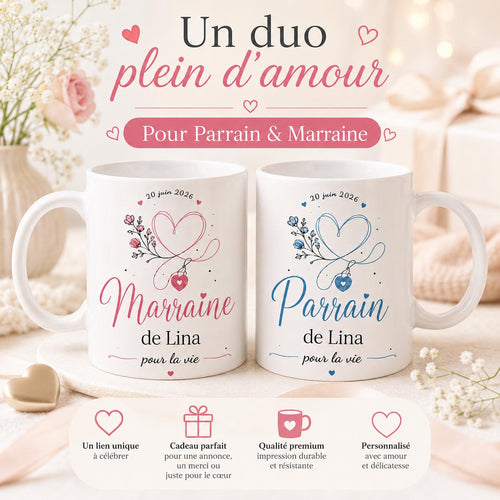 Lot 2 Mugs Parrain Marraine Personnalisés – Tasses Céramique Prénom Date, Cadeau Baptême, Annonce Parrain Marraine
