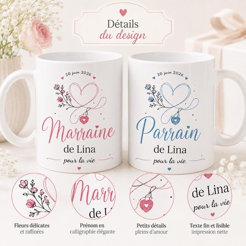 Lot 2 Mugs Parrain Marraine Personnalisés – Tasses Céramique Prénom Date, Cadeau Baptême, Annonce Parrain Marraine