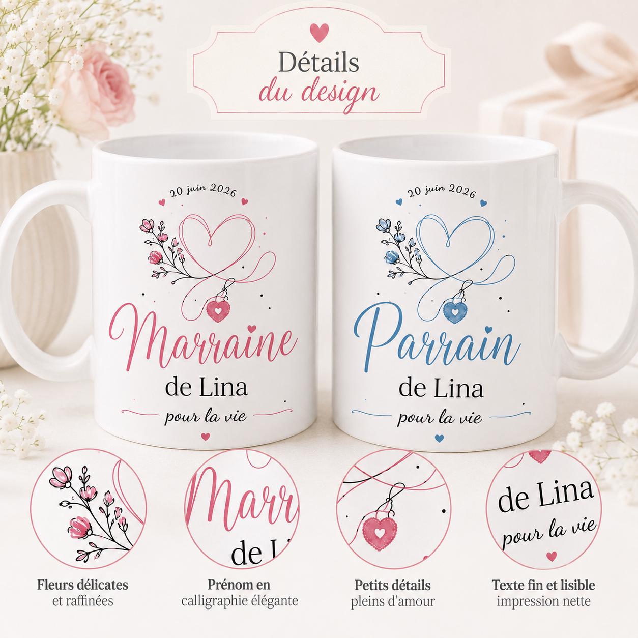 Lot 2 Mugs Parrain Marraine Personnalisés – Tasses Céramique Prénom Date, Cadeau Baptême, Annonce Parrain Marraine