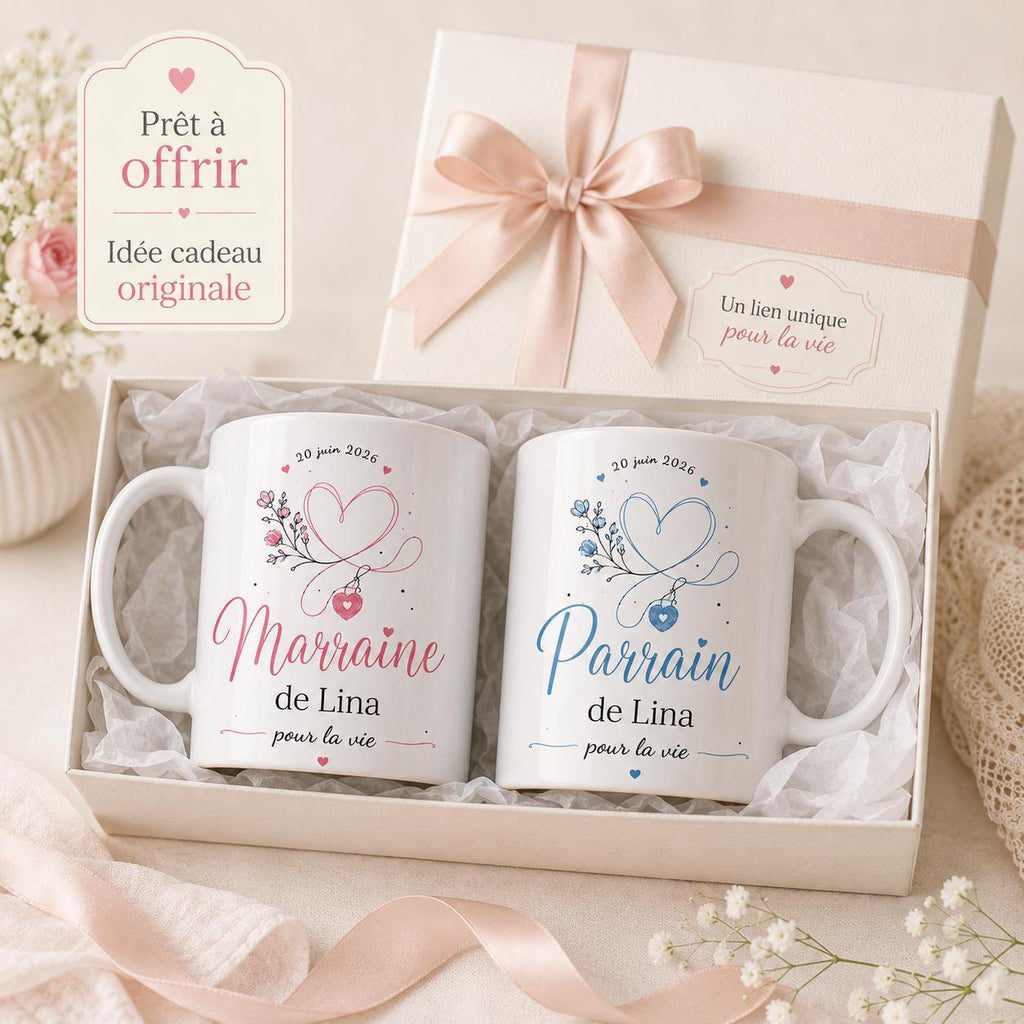 Lot 2 Mugs Parrain Marraine Personnalisés – Tasses Céramique Prénom Date, Cadeau Baptême, Annonce Parrain Marraine