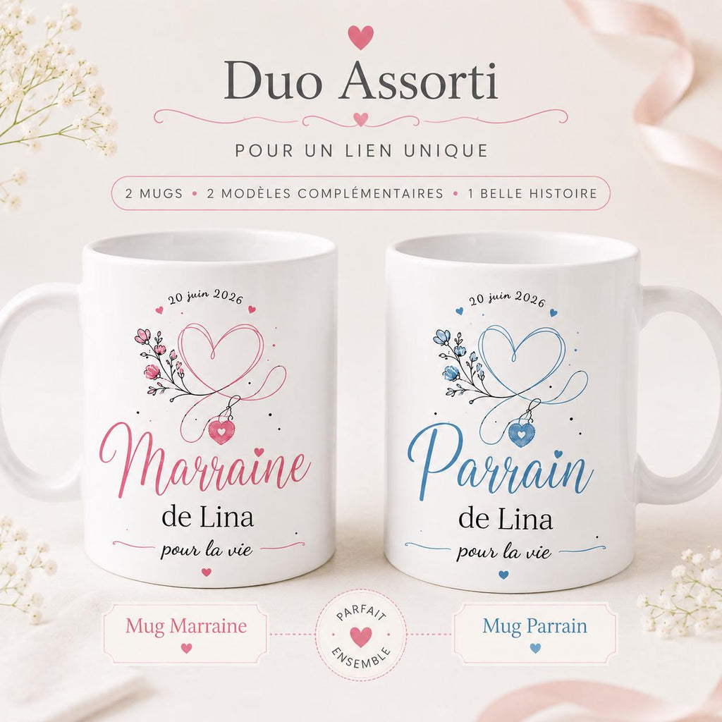 Lot 2 Mugs Parrain Marraine Personnalisés – Tasses Céramique Prénom Date, Cadeau Baptême, Annonce Parrain Marraine