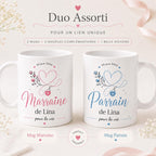 Lot 2 Mugs Parrain Marraine Personnalisés – Tasses Céramique Prénom Date, Cadeau Baptême, Annonce Parrain Marraine