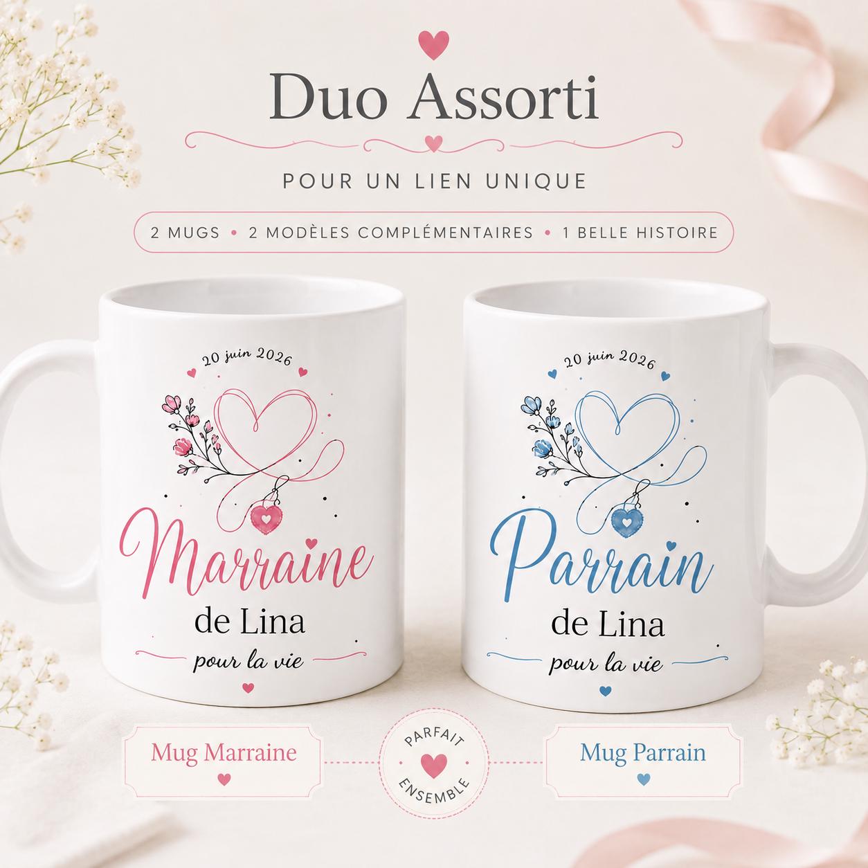 Lot 2 Mugs Parrain Marraine Personnalisés – Tasses Céramique Prénom Date, Cadeau Baptême, Annonce Parrain Marraine