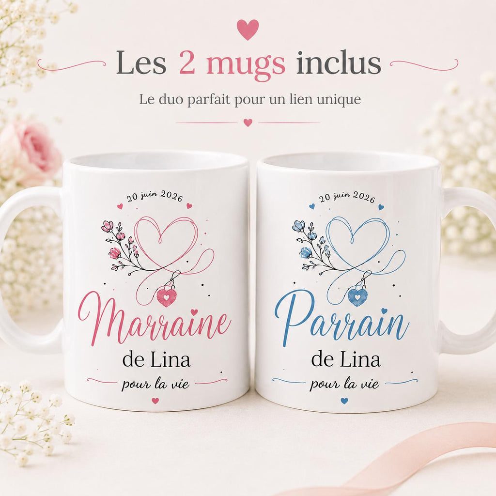 Lot 2 Mugs Parrain Marraine Personnalisés – Tasses Céramique Prénom Date, Cadeau Baptême, Annonce Parrain Marraine