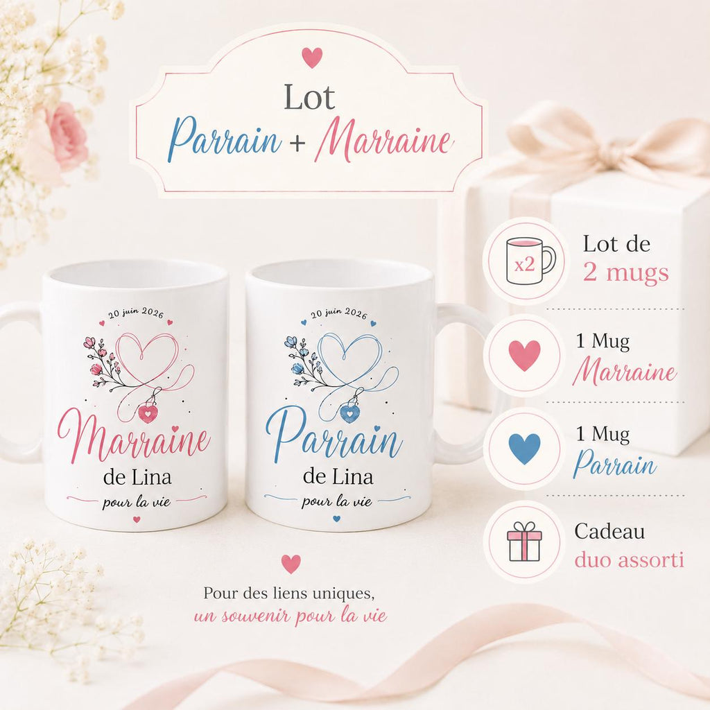Lot 2 Mugs Parrain Marraine Personnalisés – Tasses Céramique Prénom Date, Cadeau Baptême, Annonce Parrain Marraine