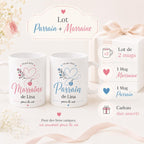 Lot 2 Mugs Parrain Marraine Personnalisés – Tasses Céramique Prénom Date, Cadeau Baptême, Annonce Parrain Marraine
