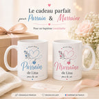 Lot 2 Mugs Parrain Marraine Personnalisés – Tasses Céramique Prénom Date, Cadeau Baptême, Annonce Parrain Marraine