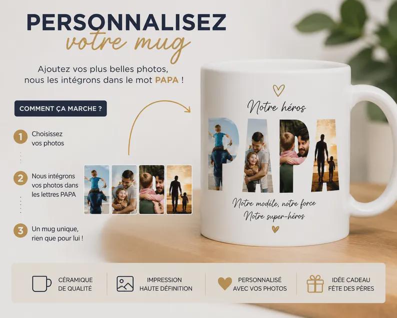 Mug Personnalisé Papa Photo - Cadeau Fête des Pères - Mug Personnalisable avec Photo et Texte Idée Cadeau Papa Anniversaire Tasse Céramique
