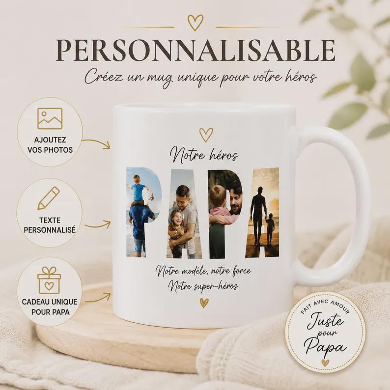 Mug Personnalisé Papa Photo - Cadeau Fête des Pères - Mug Personnalisable avec Photo et Texte Idée Cadeau Papa Anniversaire Tasse Céramique