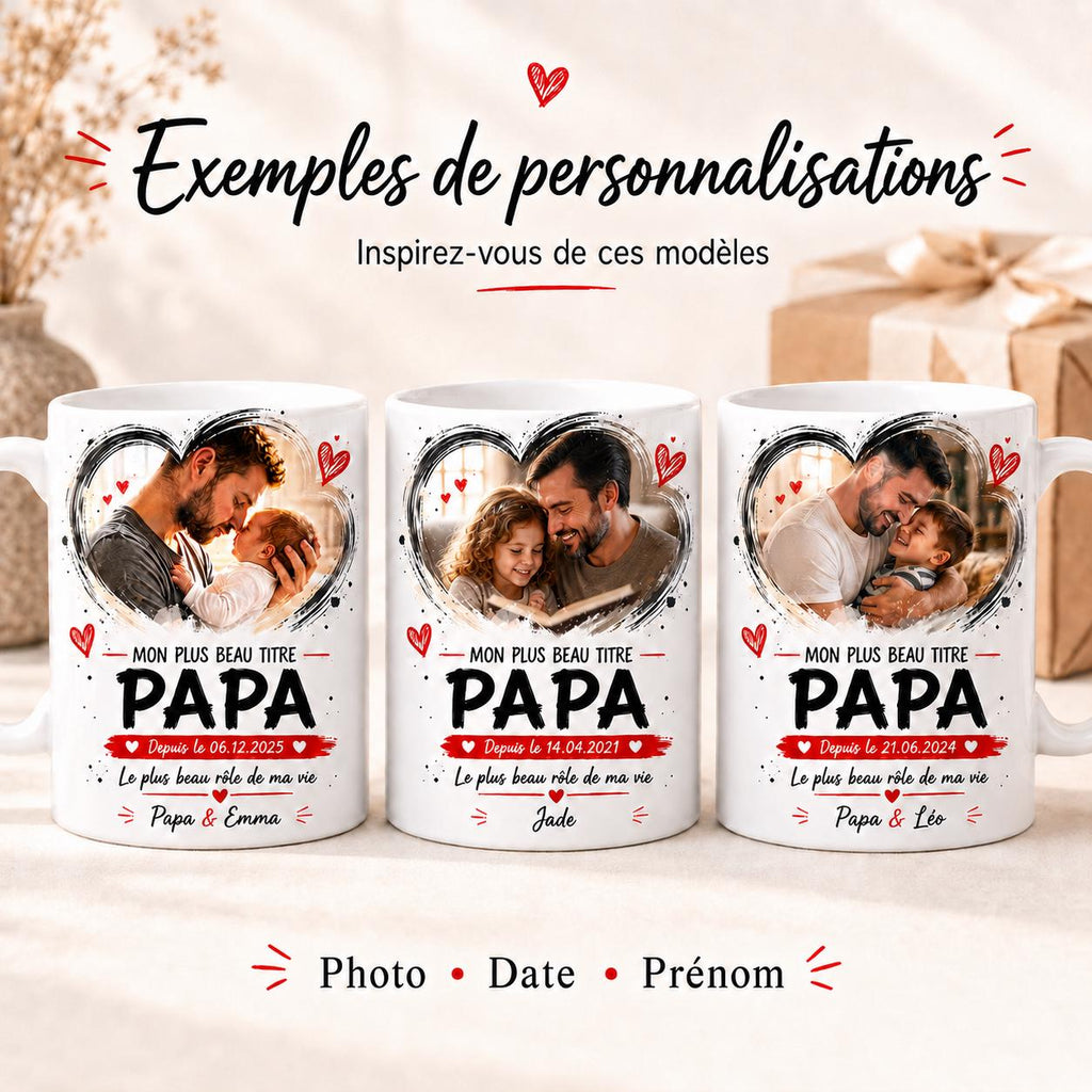 Trois exemples de mugs papa personnalisés avec photos, dates et prénoms