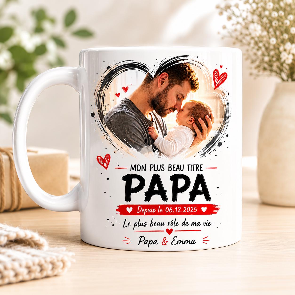 Mug jeune papa personnalisé avec photo de bébé, date de naissance et prénoms