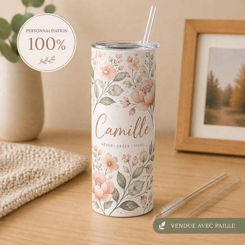 Gourde isotherme personnalisée avec paille, prénom Camille et design floral élégant