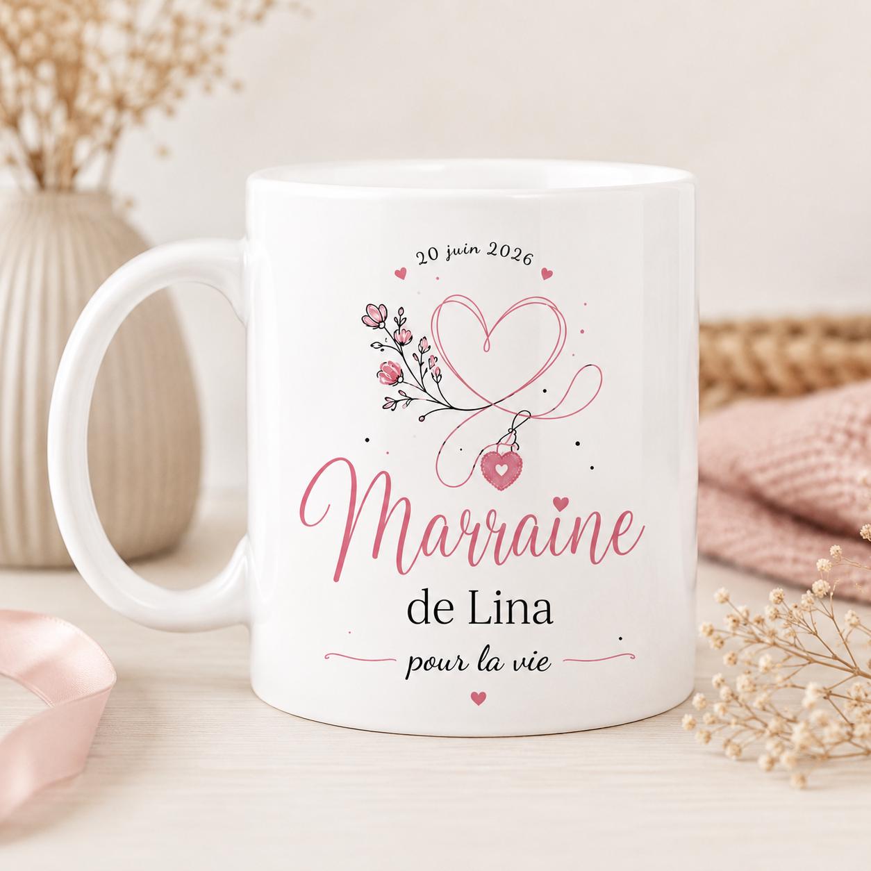 Tasse Marraine Personnalisée, Cadeau Marraine, Mug Marraine avec Prénom Date et Message, Tasse Céramique 325 ml, Idée Cadeau Baptême
