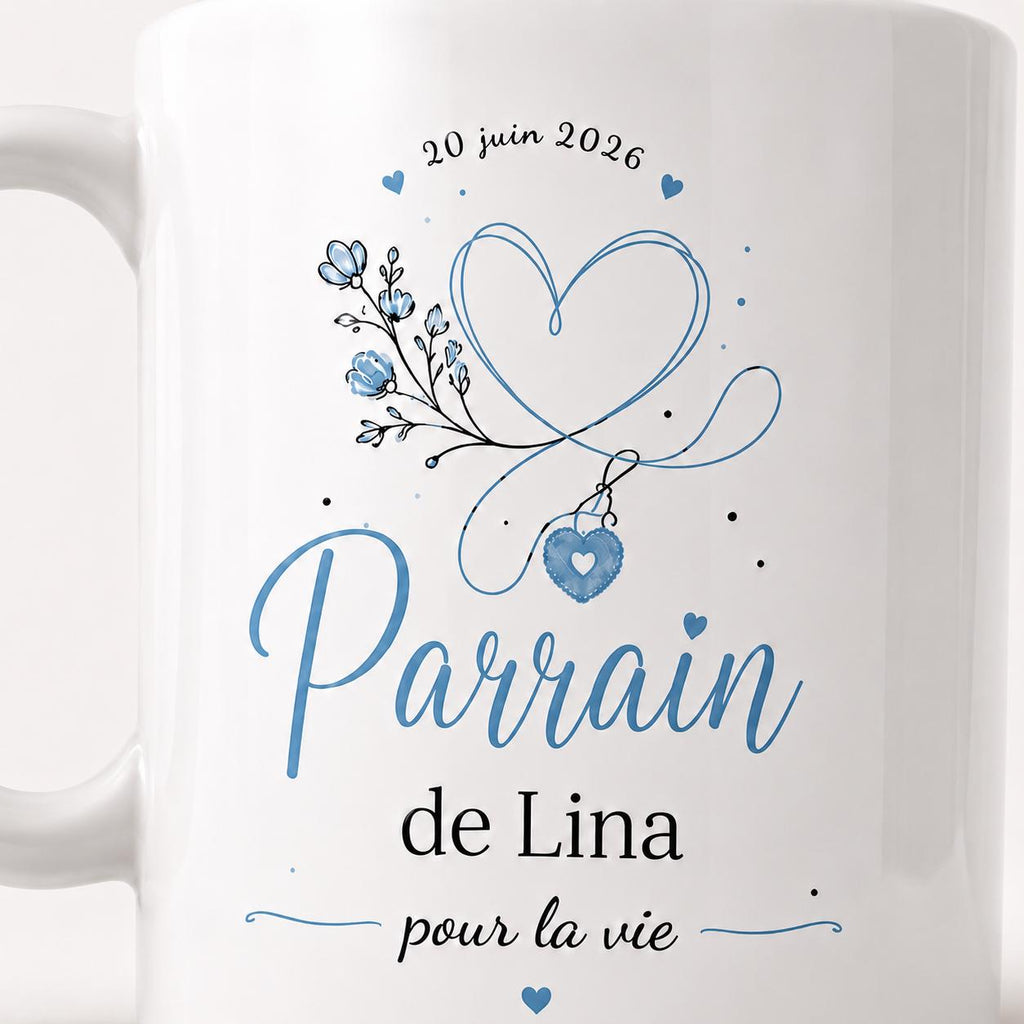 Tasse Parrain Personnalisée Prénom | Mug Parrain Personnalisé Bleu Floral | Cadeau Baptême Naissance Annonce Grossesse