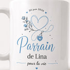 Tasse Parrain Personnalisée Prénom | Mug Parrain Personnalisé Bleu Floral | Cadeau Baptême Naissance Annonce Grossesse