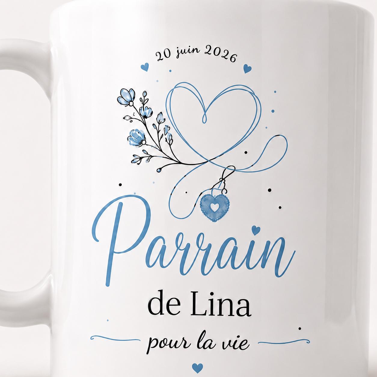 Tasse Parrain Personnalisée Prénom | Mug Parrain Personnalisé Bleu Floral | Cadeau Baptême Naissance Annonce Grossesse
