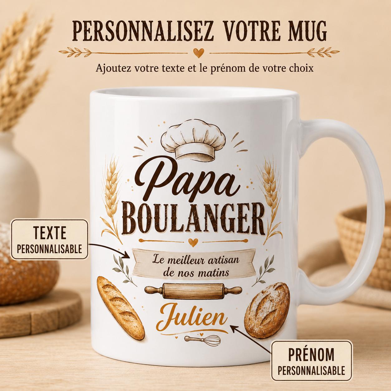 Mug Papa Boulanger Personnalisé Prénom | Tasse Céramique Cadeau Fête des Pères | Cadeau Papa Artisan Boulanger Fait Main France