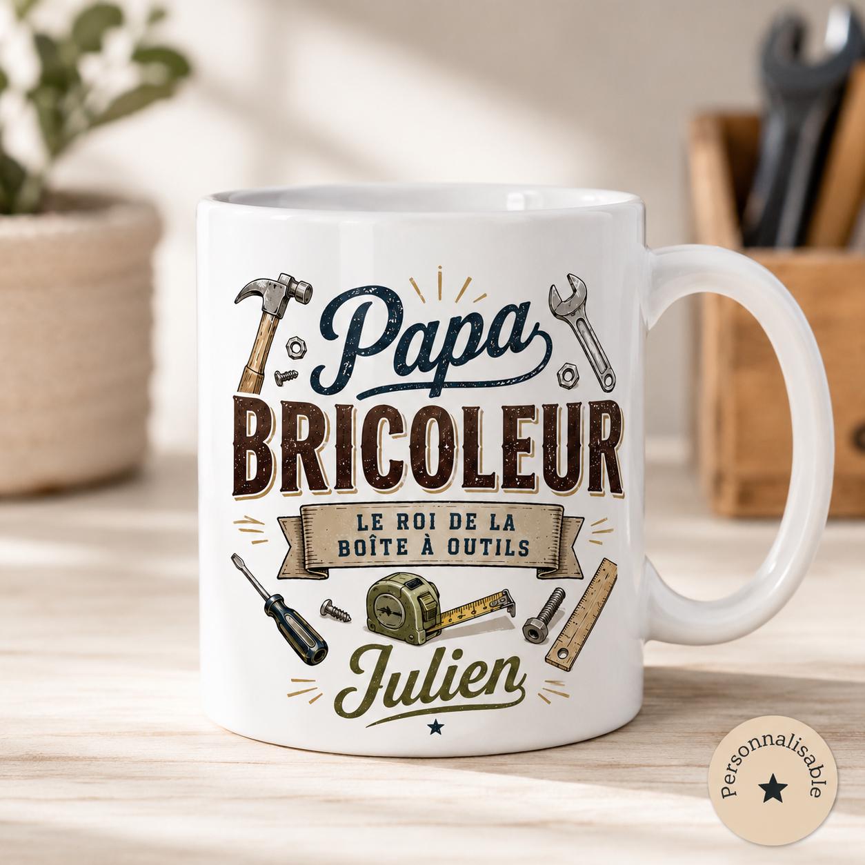 Mug Papa Bricoleur Personnalisé Texte Prénom | Tasse Cadeau Fête des Pères | Cadeau Papa Homme Outillage Bricolage 325 ml