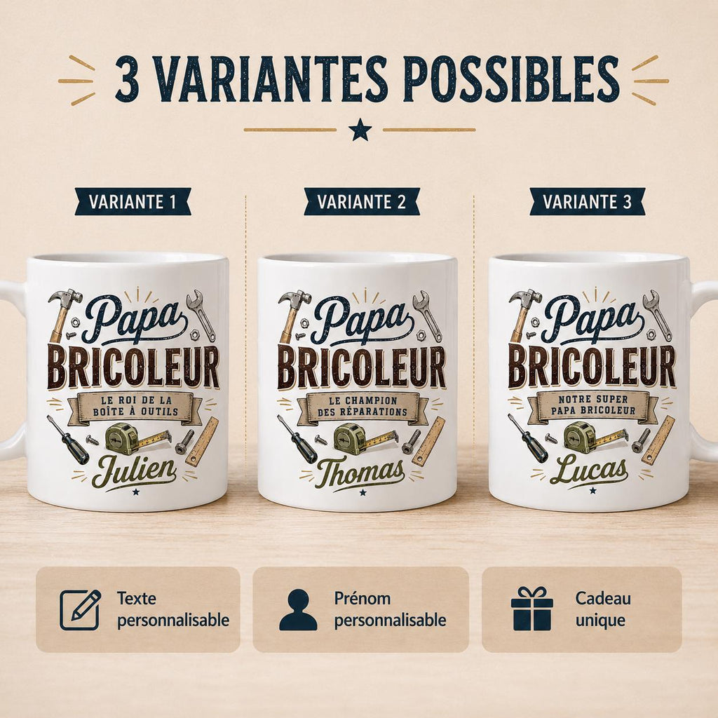 Mug Papa Bricoleur Personnalisé Texte Prénom | Tasse Cadeau Fête des Pères | Cadeau Papa Homme Outillage Bricolage 325 ml