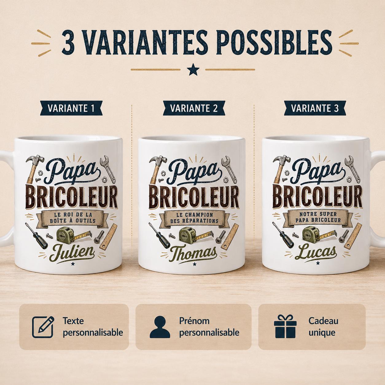 Mug Papa Bricoleur Personnalisé Texte Prénom | Tasse Cadeau Fête des Pères | Cadeau Papa Homme Outillage Bricolage 325 ml
