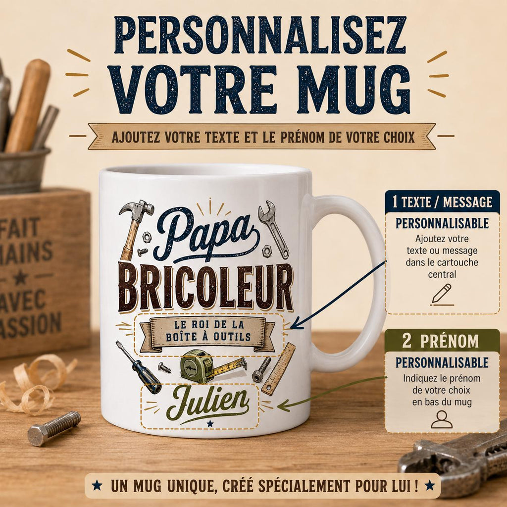 Mug Papa Bricoleur Personnalisé Texte Prénom | Tasse Cadeau Fête des Pères | Cadeau Papa Homme Outillage Bricolage 325 ml