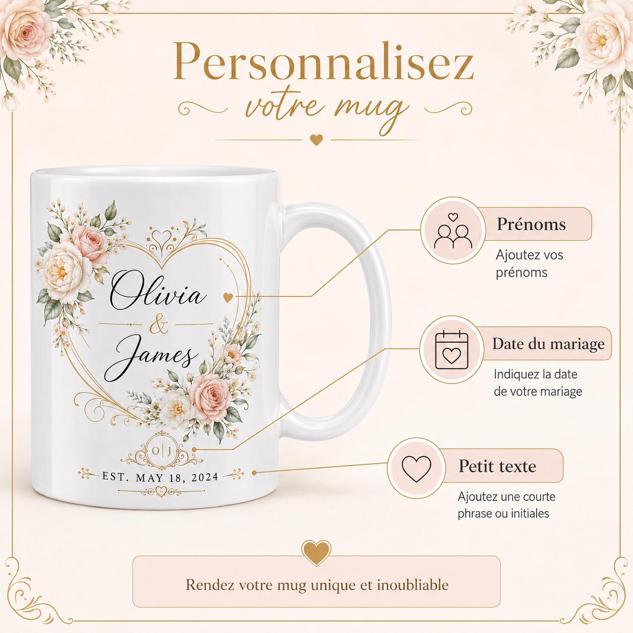 Mug personnalisé mariage présenté comme idée cadeau pour jeunes mariés avec boîte cadeau, ruban satin et ambiance romantique.