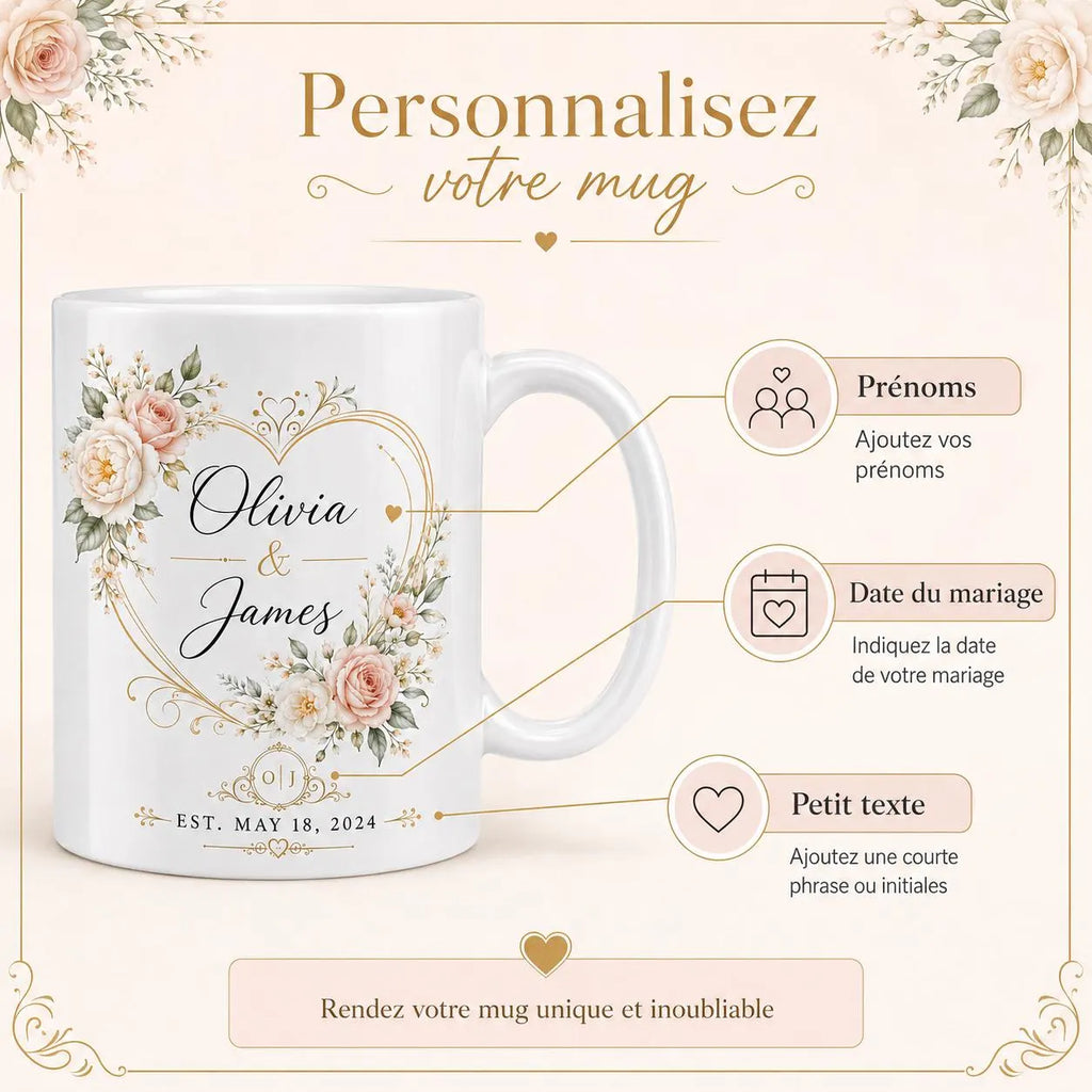Mug mariage personnalisé prénoms et date