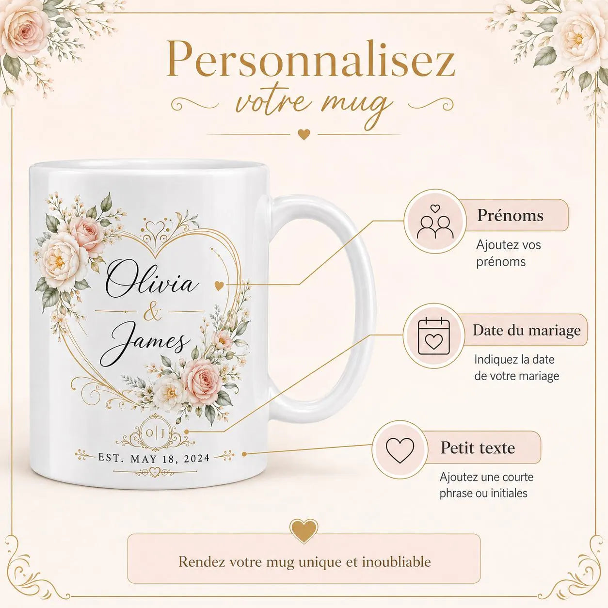 Mug mariage personnalisé prénoms et date
