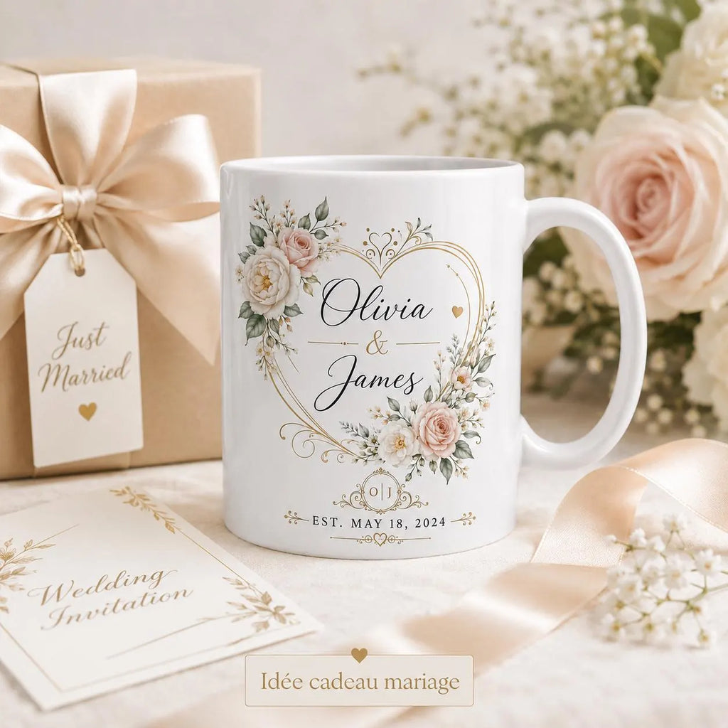 Mug mariage personnalisé prénoms et date