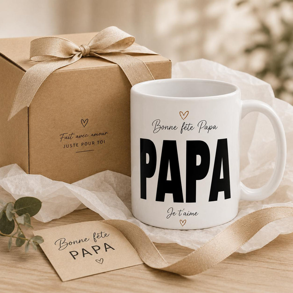 Mug céramique blanc 11 oz présenté avec ses dimensions et sa contenance approximative